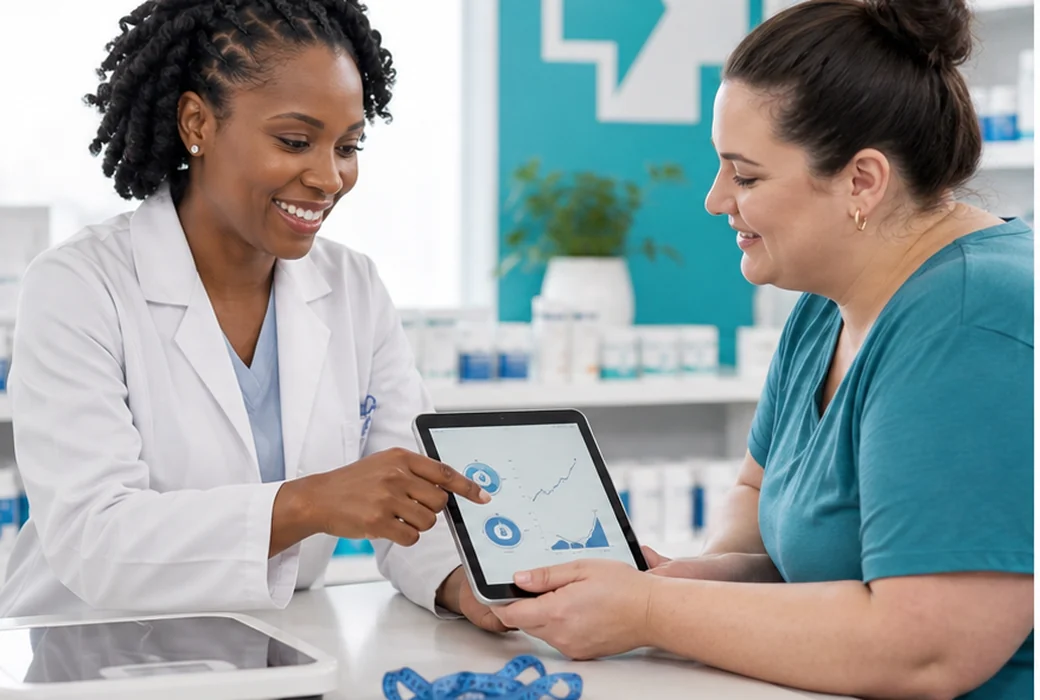 Patient and pharmacist reviewing progress in a provider-guided weight management plan